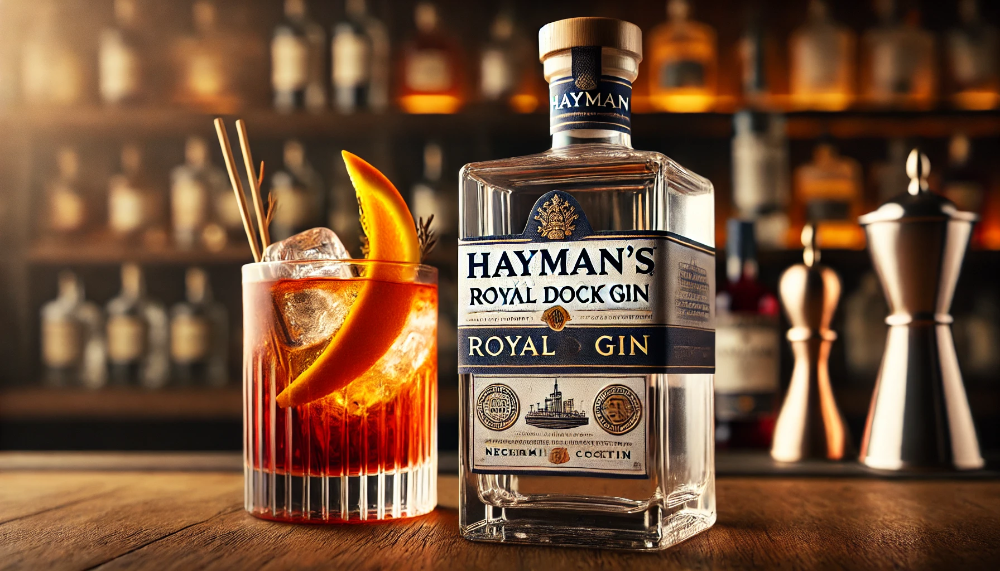 Детальний знімок Hayman’s Royal Dock Gin з коктейлем Negroni, прикрашеним скрученою апельсиновою шкіркою.